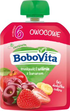 BOBOVITA ,deserek w tubce, Truskawki, Wiśnie, Banany, 6m+,przód