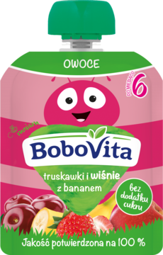 BoboVita owoce w tubce, truskawki i wiśnie z bananem, 6m+, różowo-zielone opakowanie, widok z przodu.