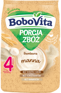 Beżowa saszetka BoboVita Porcja Zbóż manna, bezmleczna kaszka dla niemowląt po 4 miesiącu.