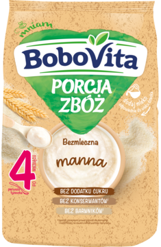 Beżowa saszetka BoboVita Porcja Zbóż manna, bezmleczna kaszka dla niemowląt po 4 miesiącu.