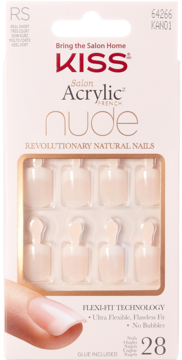 Opakowanie sztucznych paznokci Kiss Salon Acrylic French Nude, 28 sztuk, z klejem, z dłonią modelki.