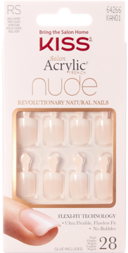 Opakowanie sztucznych paznokci Kiss Salon Acrylic French Nude, 28 sztuk, z klejem, z dłonią modelki.