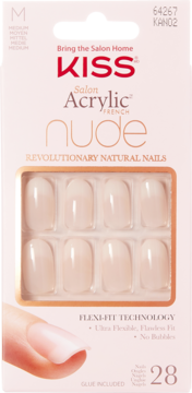 KISS Salon Acrylic French Nude sztuczne paznokcie, 28 sztuk w beżowym pudełku, widok z przodu.