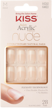 Kiss Salon Acrylic French nude sztuczne paznokcie, 28 sztuk, beżowe pudełko z okienkiem, widok z przodu.