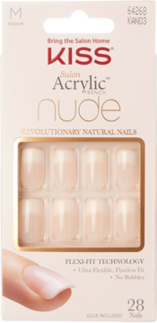 Kiss Salon Acrylic French nude sztuczne paznokcie, 28 sztuk, beżowe pudełko z okienkiem, widok z przodu.