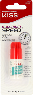 Klej do paznokci KISS Maximum Speed w biało-czerwonym opakowaniu. Buteleczka z czerwoną zakrętką, widok z przodu.