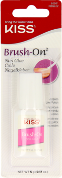 Klej do paznokci Kiss Brush-On w blistrze, butelka z pędzelkiem, widok z przodu opakowania.
