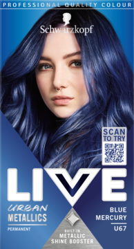 Trwała farba Schwarzkopf LIVE Urban Metallics Blue Mercury U67. Pudełko z modelką o intensywnie niebieskich włosach.