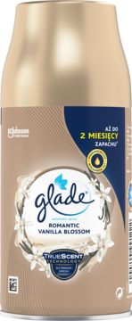 Glade automatic spray Romantic Vanilla Blossom zapas, beżowo-złota puszka z kwiatami wanilii, widok z przodu.