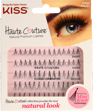 Opakowanie Kiss Haute Couture Natural Premium Lashes w biało-różowym pudełku, z rzędami kępek krótkich i średnich, naturalny wygląd.