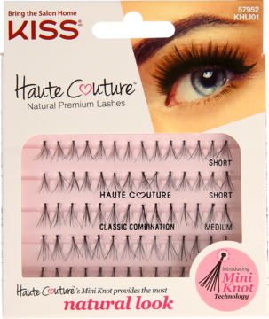 Opakowanie Kiss Haute Couture Natural Premium Lashes w biało-różowym pudełku, z rzędami kępek krótkich i średnich, naturalny wygląd.