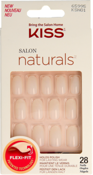 Białe opakowanie sztucznych paznokci Kiss Salon naturals, 28 naturalnych, mlecznobeżowych tipsów, widok z przodu.