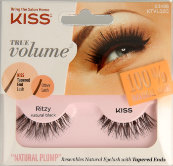 KISS True Volume Ritzy natural black false eyelashes, "natural plump" style, in clear package, frontal view.