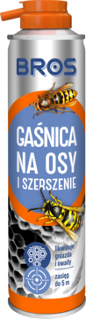 BROS Gaśnica na Osy i Szerszenie, aerozol, srebrna puszka, pomarańczowo-niebieska etykieta z osami, widok z przodu.