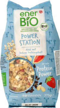 EnerBio Power Station muesli w jasnoniebieskiej torbie, widok z przodu. Proteinowe musli z płatkami, pestkami, orzechami i owocami.