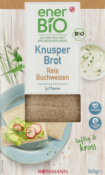 Pionowe opakowanie enerBiO Bio chrupkiego pieczywa ryżowo-gryczanego, z pieczywem na talerzu i awokado.