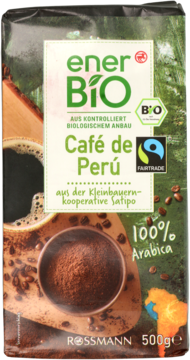 Zielona torebka mielonej kawy enerBiO Café de Perú 100% Arabica Fairtrade bio, widok z przodu, 500g.