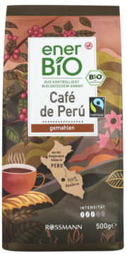 Opakowanie kawy mielonej enerBiO Café de Perú 500g Rossmann, 100% arabica Fairtrade. Widok z przodu.