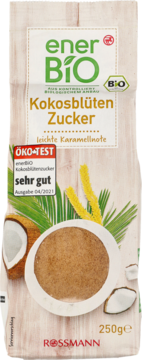 Rossmann enerBIO Kokosblüten Zucker 250g, beżowe opakowanie z kokosami, oceniony jako "sehr gut".