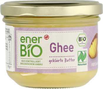 enerBiO Ghee, ekologiczne klarowane masło do pieczenia i gotowania, słój szklany, fioletowa etykieta, przód.