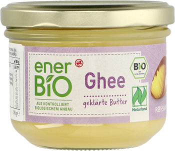 enerBiO Ghee, ekologiczne klarowane masło do pieczenia i gotowania, słój szklany, fioletowa etykieta, przód.