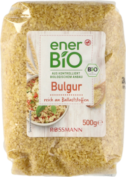 Przezroczysta torebka bulguru enerBiO 500g, widok z przodu, z zielono-białą etykietą i zdjęciem dania.