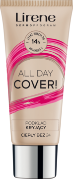 Podkład kryjący Lirene All Day Cover, ciepły beż 24, w beżowej tubce z witaminą E, trwałość do 14h, przód.