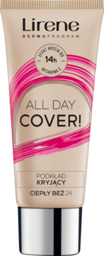 Podkład kryjący Lirene All Day Cover, ciepły beż 24, w beżowej tubce z witaminą E, trwałość do 14h, przód.