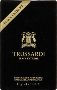 Trussardi Black Extreme męska woda toaletowa, czarne pudełko ze złotym logo i napisem, widok z przodu.