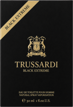 Trussardi Black Extreme męska woda toaletowa, czarne pudełko z eleganckim złotym akcentem i logo, widok z przodu.