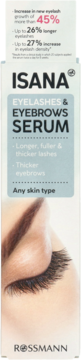 ISANA Eyelashes & Eyebrows Serum, białe opakowanie z okiem i efektami: dłuższe i grubsze rzęsy, gęste brwi.