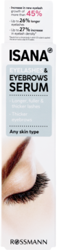 Białe opakowanie serum ISANA do rzęs i brwi, z grafiką oka i gęstymi, długimi rzęsami. Obietnica 45% wzrostu.