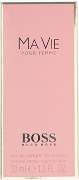 Różowe pudełko perfum Hugo Boss Ma Vie Pour Femme 30ml, widok z przodu z czarnym logo BOSS i tekstem.