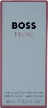 Frontalny widok opakowania perfum damskich Hugo Boss Ma Vie 30ml. Biały kartonik z różową obwódką, czarnym napisem BOSS.