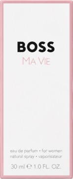 BOSS MA VIE woda perfumowana dla kobiet, 30ml. Białe pudełko z różową ramką, widok z przodu.