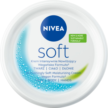 NIVEA Soft intensywnie nawilżający krem wegański w białym słoiku, z niebieskim logo, widok z góry.