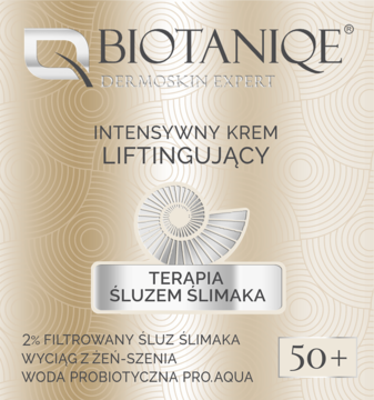 Krem liftingujący Biotaniqe Terapia Śluzem Ślimaka 50+, złote opakowanie z grafiką ślimaka, widok z przodu.