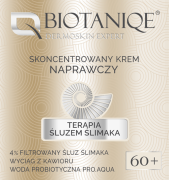 Biotaniqe Skoncentrowany Krem Naprawczy 60+, beżowe opakowanie ze srebrną grafiką ślimaka, widok z przodu.