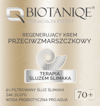 Biotaniqe Regenerujący Krem Przeciwzmarszczkowy 70+ ze śluzem ślimaka i 24K złotem, widok z przodu.