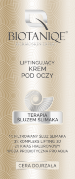 Biotaniqe Liftingujący Krem pod Oczy w beżowym pudełku, z grafiką muszli ślimaka i złotymi okręgami.