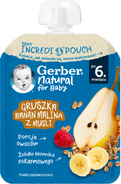 Granatowa saszetka Gerber Natural Gruszka Banan Malina z musli, widok z przodu, dla maluchów po 6. miesiącu.