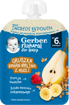 Granatowa saszetka Gerber Natural Gruszka Banan Malina z musli, widok z przodu, dla maluchów po 6. miesiącu.