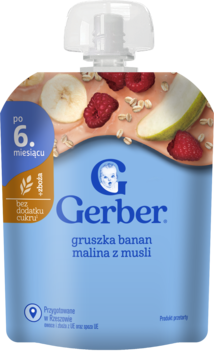Deserek Gerber gruszka banan malina z musli w niebieskiej tubce, widok z przodu, dla 6+ miesięcy.