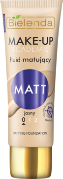 Bielenda Make-Up Academie jasny matujący fluid w beżowej tubce, widok z przodu.