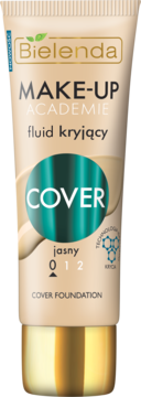 Bielenda Make-Up Academie Cover Foundation, fluid kryjący, odcień jasny, beżowa tuba ze złotą zakrętką, przód.