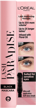 Różowy tusz L'Oréal Lash Paradise Black Mascara, widok opakowania z obiecaną objętością i długością rzęs.