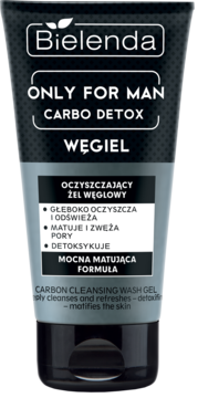 Bielenda Only For Man Carbo Detox, ciemnoszara tuba matującego żelu węglowego do mycia twarzy, widok z przodu.