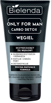 Bielenda Only For Man Carbo Detox, ciemnoszara tuba matującego żelu węglowego do mycia twarzy, widok z przodu.