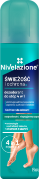 Nivelazione dezodorant do stóp 4 w 1, turkusowy spray z napisem 'Świeżość i ochrona', widok przodem, grafika stóp.