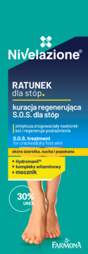 Pionowe opakowanie Nivelazione S.O.S. kuracji do stóp z 30% mocznikiem. Grafika stóp, turkus, żółć i granat.